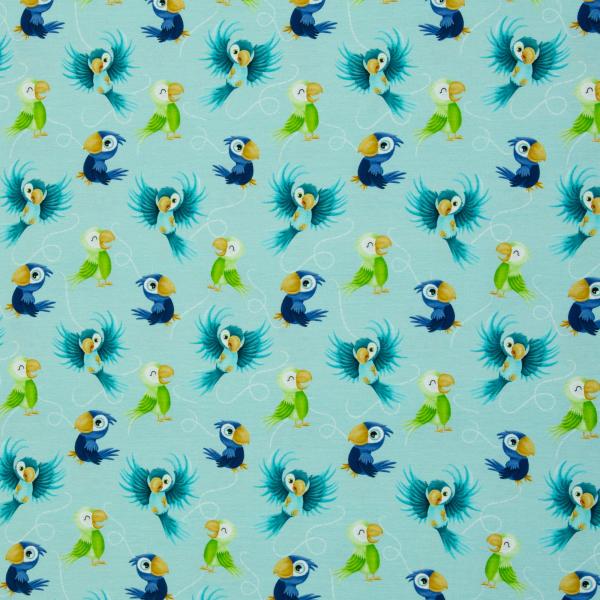 Baumwolljersey Ahoi Papageien auf Türkis von Mrs. Mint Design by Swafing